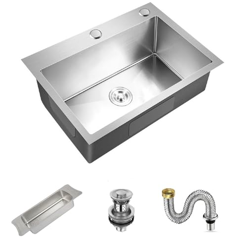 Inset/Undermount Stainless Steel Kitchen Sink Deep Square Single Bowl with Strainer Drain, Silver 60x50cm
