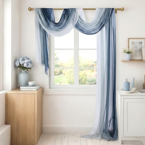 CrystalSylara 1 Pcs Ombre Chiffon Sheer Window Scarf Valance Curtain for Girl Living Room Decor 216 L Soft Window Sheer Voile Valance for Holiday Wedding Party Decor 52 w(Navy Blue)(Navy Blue)