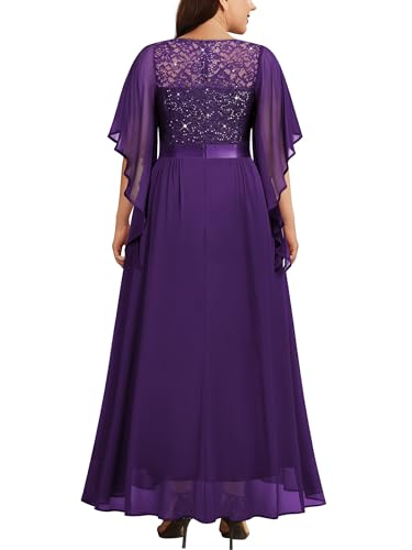 Image of Miusol Women's Plus Size Sequin Lace with Ruffle Cape Cloak Sleeves Elegant Evening Gown Wedding Guest Maxi Dress