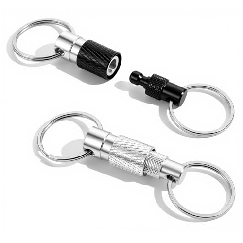 Andibro Quick Release Keychain for Men, Detachable Key Ring Quick Release, Quick Pull Apart Keyring with 2 Split Rings Metal Safety Keychain for Car Purse Bag Accessories (Black Silver, 2Pack)