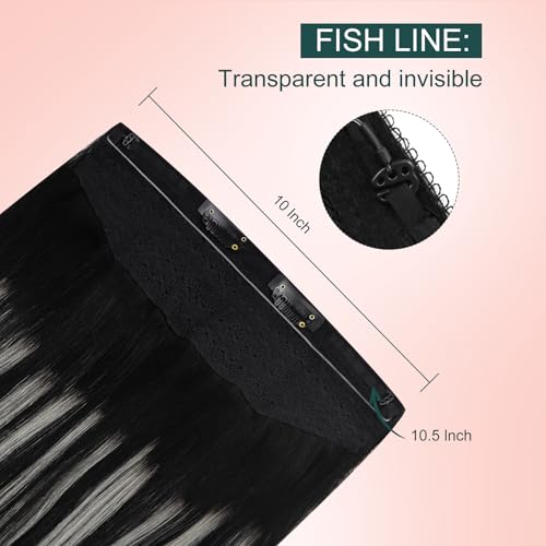 Image of Easyouth Wire Hair Extensions Ombre Human Hair Wire Extensions Balayage Black with Silver Fish Line Hair Extension Real Human Hair Blend Naurally 16 Inch 80g