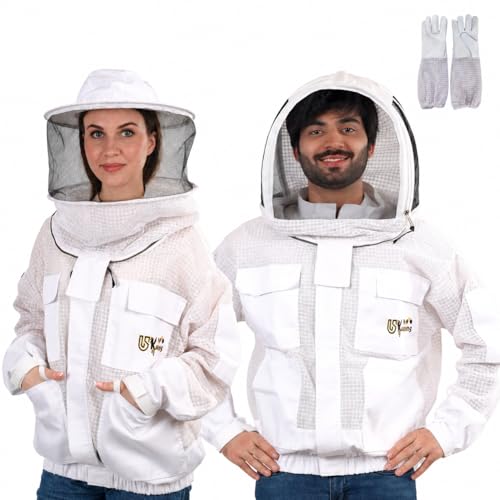USKEEPERS 3 Layer Ventilated Sting Proof Bee Jacket for Men & Women Premium Beekeeping Jacket with Gloves & Two Beekeeper Veils. (White J/XL)