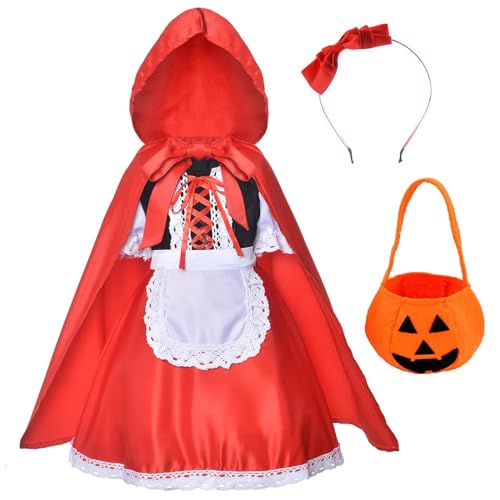 Fccrian Vestido de capuz vermelho, disfarces de Natal para meninas com capa para a cabeça, bolsa (2 12 anos) e vestido xadrez para meninas (vermelho, 2-3 anos)