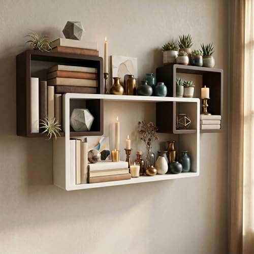 Image of Modern Geometric Floating Wall Shelf - Wall Mounted Decorative Display Shelves for Living Room, Bedroom & Office | Wooden Wall Shelf for Home Decor, Books, Plants & Showpieces (Brown & White)