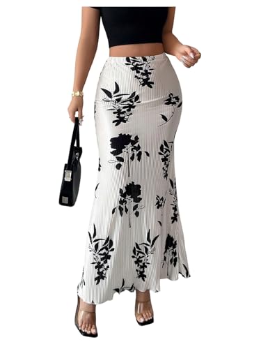 GORGLITTER Women's Floral Print Fishtail Maxi Skirt Elastic Waist Bodycon Long Skirts