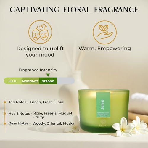 Image of EKAM 3 Wick Soy Wax Scented Candle | Jasmine Fragrance | 35 Hr Burn | Long Lasting Premium Jar Candle for Home Decor, Relaxation & Gifting
