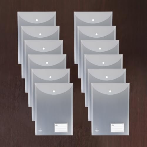 Image of POLEN 12 Pcs Vertical Transparent Button Bag,Folder with 40 Microns Poly Plastic File Folders-FS Letter Size,Snap Closure,Waterproof and Organizer Bags for School,College,Office and Etc.(White)