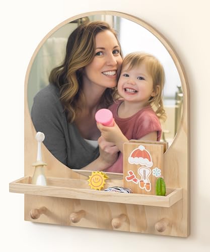 Image of Maxpeuvon Nursery Wall Shelf with Mirror, Natural Wood Boho Arch Design | 14 x 18 Inch Wall Mounted Organizer and Decor for Nursery, Kids Room, Living Room, Entryway and Bathroom