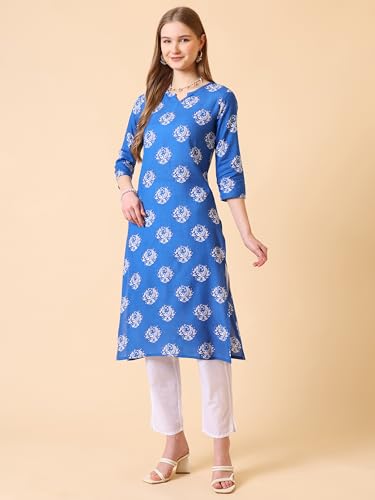 Image of Women's Viscose Rayon Printed A-Line Kurta - 3 /4 Sleeve Ethnic Tunic for Casual Long Kurta 1061