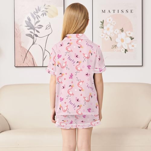 Cute Party Flamingo Prints Summer Satin Pajama Set, Cute Button-Down Sleepwear Pj Set for Sleep Wears4