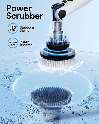 Leebein Brosse Nettoyage Électrique Rotative, Brosse Rotative Nettoyage avec 8 Têtes de Brosse Remplaçables & Brosse à Toilette, Tige Extension Réglable & 6 Angles, pour Salle de Bain/Toilette – Image 3