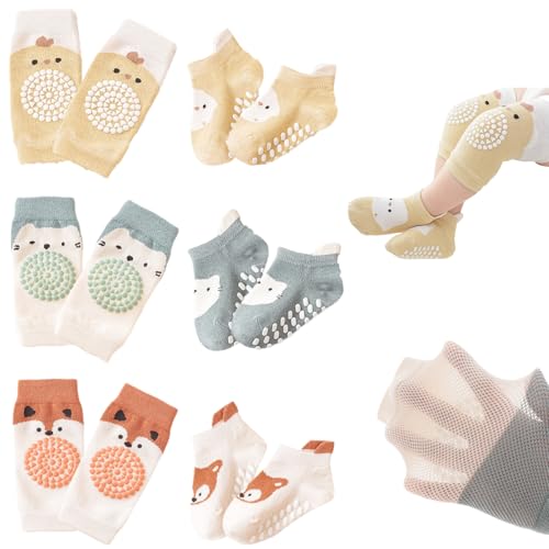Image of Feidoog Baby Crawling Knee Pads with Anti-Slip Elastic 3 Pairs Knee Pads and 3 Pairs Socks Set,Infant Kneepads for Crawling