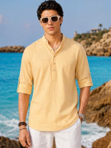 Image of Majestic Man Men's Pure Cotton Solid Mandarin Collar Slim Fit Roll-Up Sleeves Short Kurta Lightweight Summer Kurta for Daily & Occasion Use