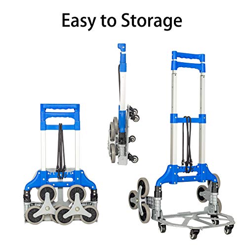 Fullwatt Stair Climber Cart, 15 Inch Height Adjustable Aluminum Portable Folding Stair Climbing Cart Tri-Wheels with Bungee Cord Heavy Duty All Terrain Stair Climbing Hand Truck (Blue)