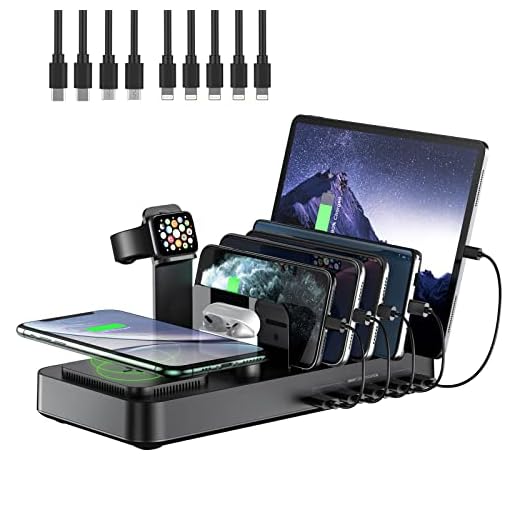 Wireless Charging Station for Multiple Devices, 5 USB Ports Charging Dock with 10W Wireless Charger and 9 Short Mixed Cables, AirPods iWatch Charger Stand for iPhone/iPad/Android/Tablets-Black