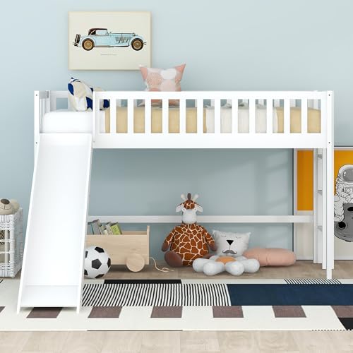 Bellemave Twin Size Low Loft Bed with Slide Kids Loft Bed with Ladder Wood Kids Loft Bed Twin Size for Girls Boys White
