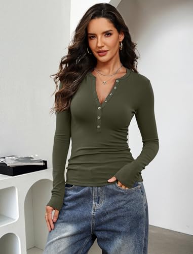 Image of Prettywear Long Sleeve Henley Shirts for Women Fall Basic Tee Tops