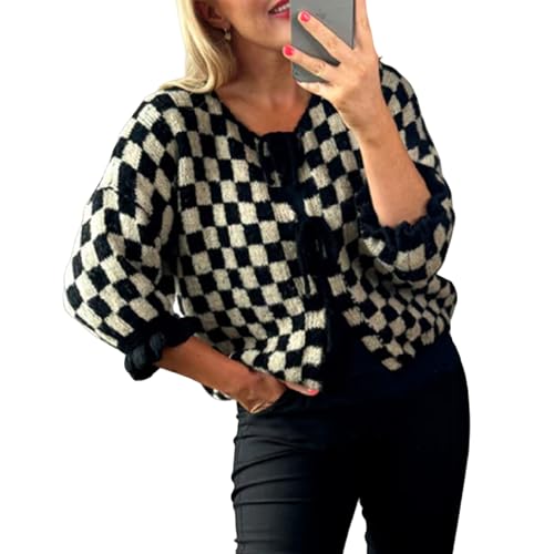 Women Y2K Tie Front Cardigan Sweater Ruffle Short Sleeve Checkered Open Front Knit Sweater Cute Loose Knitwear Tops