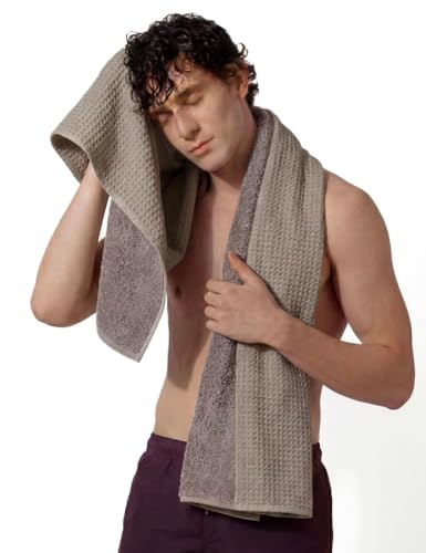 Image of DAMENSCH Unisex Premium Bamboo Blend, Ultra-Soft, Absorbent, Dual Waffle and Terry Texture Waffle Bath Towel - Reed Beige
