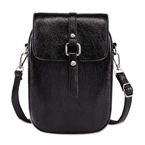 Small Crossbody Bags for Women Men, Vintage Leather Cell Phone Purse with 2 Zipper Pockets, Trendy Black Handbags with Earphone Hole, Lightweight Shoulder Bags for Travel Shopping Dating