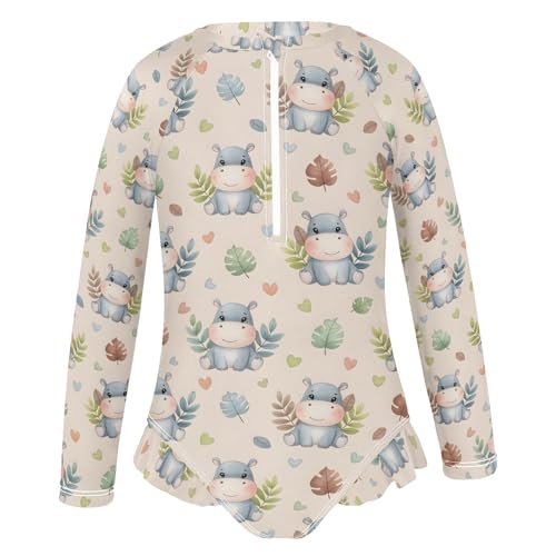 Cute Hippo Pattern with Leaves Girls Rash Guard Swimsuits Long Sleeve One Pieces Bathing Suit UPF 50+ Zipper Swimwear2