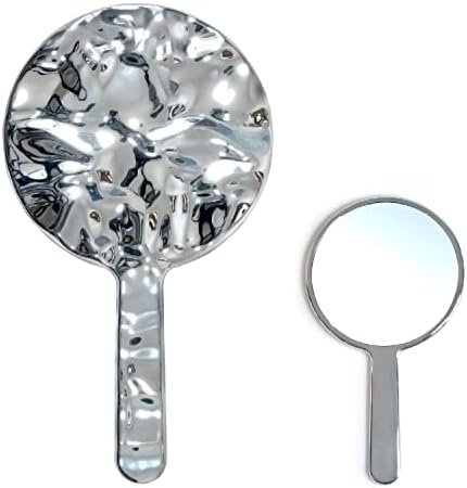 Noilk Vintage Vanity Mirror with Handle, Silver Travel Makeup Hand Mirror for Women, Hand Held Aesthetic Water Ripple Frame Decorative Mirror, Modern Small Cute Square Shiny Fancy Mirror Round L