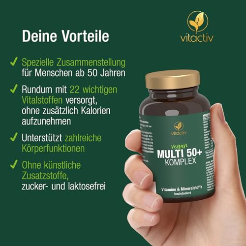 Vitactiv MULTI 50 plus - Multivitamin Komplex Menschen ab 50 - Vitamine, Mineralien, Spurenelemente - Vitamin B, C, E, K, D, Magnesium, Kalzium, Zink - Hochdosiert, Hormonfrei, ohne Jod - 60 Kapseln