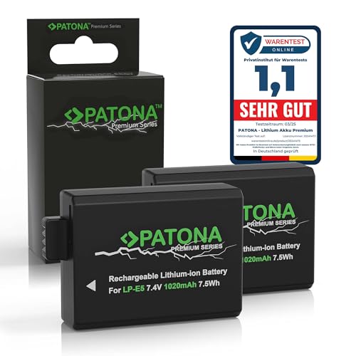 PATONA 2X Premium Batería LP E5 (1020mAh / 7.4V / 7.5Wh) Compatible con Canon EOS 1000D 500D 450D Kiss X3 X2 F Rebel XS XSi T1i Battery Pack LPE5 LP E5 LPE 5