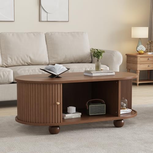 Merax Table basse ovale moderne avec portes coulissantes - Avec beaucoup d'espace de rangement - Table d'appoint multifonction - Peu encombrante - Style maison...