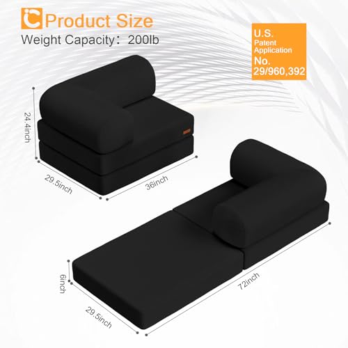 COMAX Folding Sofa Bed, Fold Out Chair Bed, Foldable Sofa, Convertible Sleeper for Adults, Futon Chair Single Small Floor Couch for Spaces, Bedroom Living Room Guest Room, Black