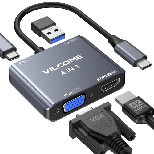 Usb C To Vga Adapter Multiport, Vilcome Usb Type C To Hdmi Adapter, 4 In 1 Usb C Hub Converter, Thunderbolt 3 To Hdmi 4K, Vga 1080P, Usb 3.0, 100W Pd Port For Macbook Ipad Pro/Air Dell Xps #TOP11