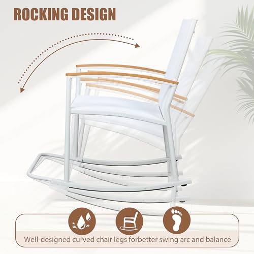 Image of Shintenchi 3 Piece Outdoor Rocking Bistro Set, Textilene Fabric Small Patio Furniture Set, Front Porch Rocker Chairs Conversation Set with Table for Lawn, Garden, Balcony, Poolside (White)