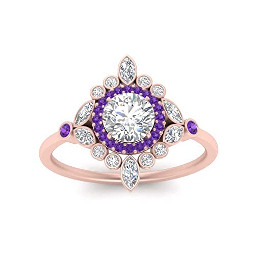 Image of 55Carat Choose Your Gemstone Round Halo Floral Engagement Ring Rose Gold Plated Round Shape Vintage Engagement Rings Everyday Jewelry Wedding Jewelry Handmade Gifts for Wife US Size 4 to 12
