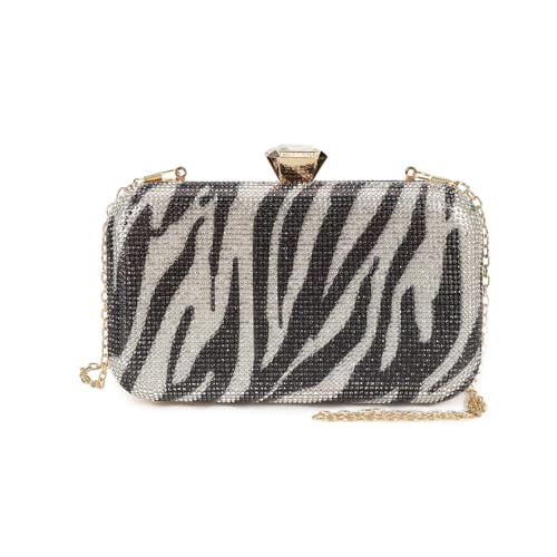AFKOMST Bolso de mano de noche para mujer, con diamantes de imitación brillantes, bolsa de mano para fiesta, novia, noche, estampado de cebra