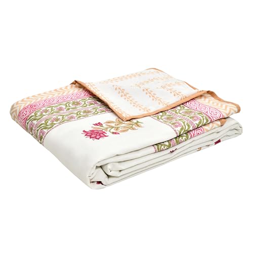 Image of BLOCKS OF INDIA 100% Cotton Dohar King Size Reversible Hand Block Printed Malmal Summer Dohar /Blanket (Pink Cream Flower)