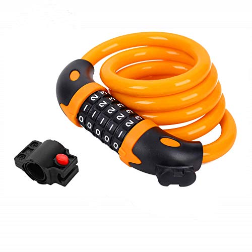 Kuesn Fahrradschloss mit Montagehalterung, 1,2 m langes Fahrradkabel, einfache Selbstaufwicklung, 5-stellige rücksetzbare Kombinationskabel, Fahrradschlösser, für Fahrrad, Motorrad, Roller, gelb