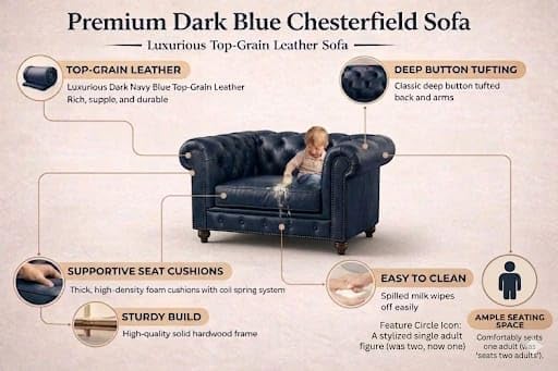 Image of UMAR ARTS Luxury Chesterfield Leatherate Sofa Set, Tufted Genuine Leatherate, Classic Living Room Furniture (1 Seater Blue)