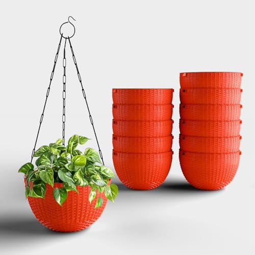 Image of YUCCABE ITALIA SHERA URO-Basket Plastic Flower Pot with Drainage Holes Round Planter Pot Suitable for Inddor Outdoor Kitchen (Red, 8 INCH - 12 Pcs)