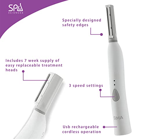 Spa Sciences - Sima Dermaplaning Tool - Patented Painless 2 In 1 Facial Exfoliation & Peach Fuzz-Hair Removal System W/ 7 Weeks Treatment Included - Anti-Aging – 3 Speeds - Rechargeable #TOP3