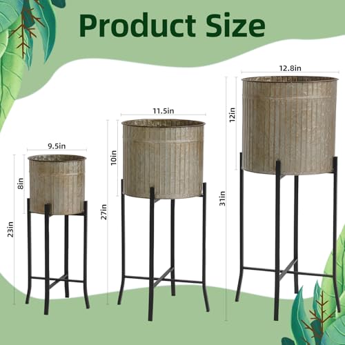 MorningRo Set of 3 Standing Planters 12.8'' 11.5'' 9.5'' Corrugated Galvanized Planters Farmhouse Rustic Plant Stand Metal Flower Pot for Indoor Outdoor Plants Garden Patio Porch Balcony by MorningRo - Image 3