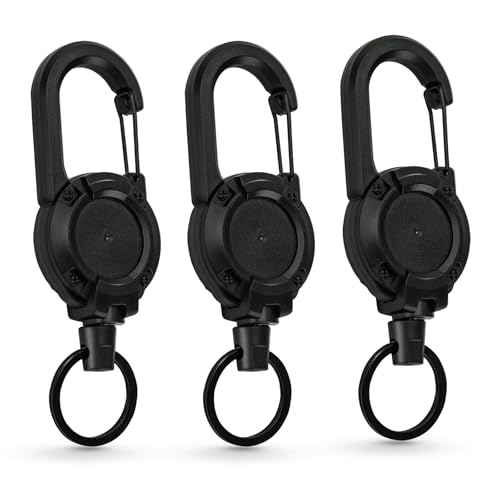 JEFURE 3er-Pack Einziehbarer Schlüsselanhänger mit 63cm Stahlseil, Strapazierfähiger Schlüsselanhänger Ausziehbar, Ausweishalter Ausziehbar, Schlüsselband Ausziehbar, für Beruf und Outdoor (Schwarz)