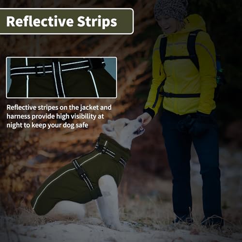 Lelepet Großer Hundemantel mit Geschirr – warme, wasserdichte Fleecejacke, Winter, reflektierende Weste, Schneeanzug für Labrador, Armeegrün, Größe XXL