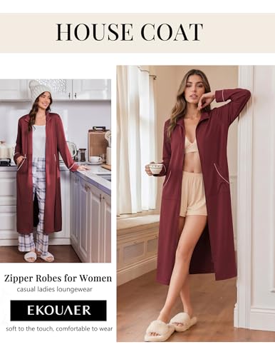 Image of Ekouaer Zipper Robes for Women Long Sleeve Lightweight House Coats with Pockets Zip Up Bathrobe Loungewear S-3XL