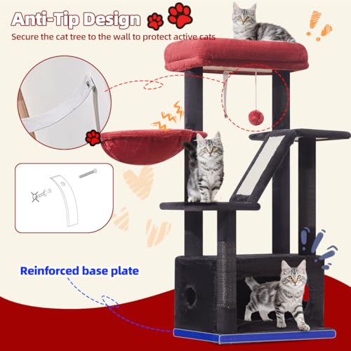 Image of Taoqimiao Gothic Cat Tree, 38.5In Cat Tower for Indoor Cats, for Kittens | Thick Padded Top Perch, Luxurious Cat Condo, Adjustable Basket, 1-Piece Ramp Scratcher, 3 Natural Sisal Posts, MS029SBR