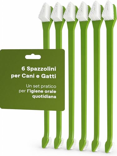 Spazzolino per Cani Set da 6 - Spazzolino Denti Cane a Doppia Testa con Setole Morbide - Manico Lungo per Igiene Orale Quotidiana - Kit per Cani e Gatti con Guida eBook