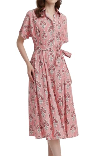 Womens Summer Floral Maxi Dress Short Sleeve V Neck Button Belt Casual Long Flowy Shirt Dress