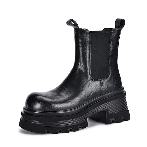 Black Platform Chunky High Heeled Chelsea Boots for Women Comfortable Slip-on Genuine Leather Lug Sole Elastic Ankle Boots
