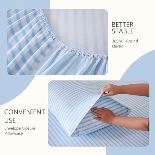 Image of MCO 4Pieces Striped Sheets Set, Breathable King Sheet Set with 16 inch Deep Pocket,Modern & Luxury, Brushed Microfiber Bedding Set(King, Blue Simple)
