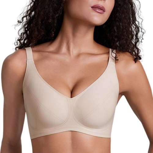 Chickwin Sujetadores Tallas Grandes Mujer Sin Aros, Sujetador Cómodo Suave Sin Costuras con Tirantes Ajustables Cuello en V S-3XL con Soporte Fuerte, Cobertura Completa (Color Albaricoque E,S)