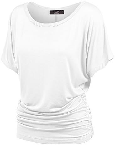 Made By Johnny Women's Casual Solid Short Sleeve Boat Neck/V Neck Dolman Top T Shirt with Side Shirring